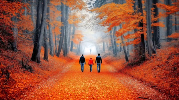 Family is enjoying a peaceful walk through a forest blanketed in vibrant autumn leaves