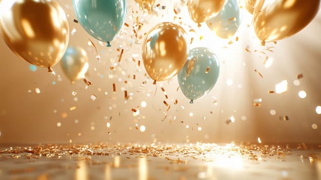 Gold and teal balloons floating on a warm background with falling confetti and sunbeams