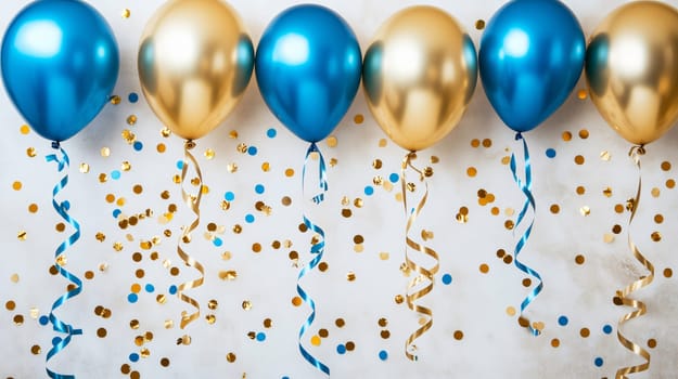Blue and gold balloons hanging with golden and blue confetti on a white background
