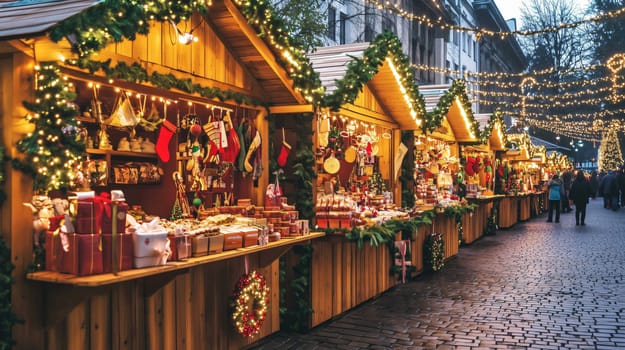 Traditional european christmas market at dusk with shoppers browsing decorated stalls