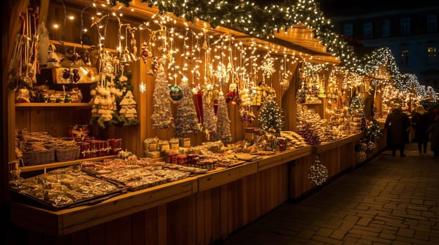 Wooden kiosk selling christmas decoration and food at night in christmas market