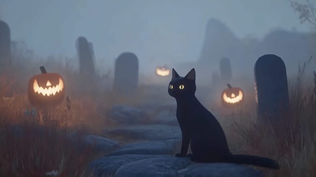 Black cat is sitting on a path in a spooky graveyard at night with glowing pumpkins and fog in the background