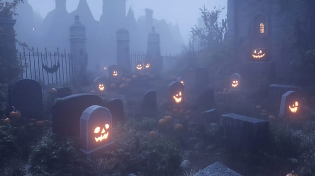 Jack-o'-lanterns are glowing on the tombstones of a misty graveyard in the evening near a spooky castle