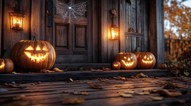 Halloween pumpkins glowing on the steps of a spooky porch at night