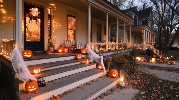 Row of spooky carved pumpkins illuminating the steps of a house decorated for halloween