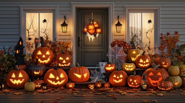 Welcoming home decorated for halloween with spooky and festive illuminated jack-o'-lanterns on the porch steps
