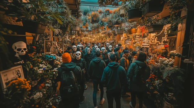 Tourists celebrating dia de los muertos are wearing skull masks while walking through a market filled with flowers