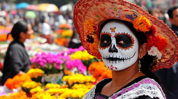 Woman wearing traditional catrina makeup posing at a day of the dead celebration in mexico, surrounded by colorful flowers