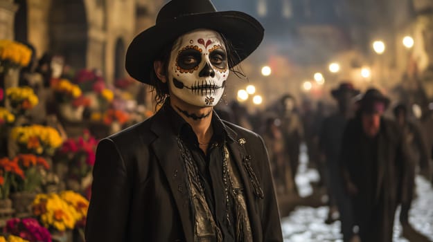 Man with sugar skull makeup is posing with a crowd of people celebrating day of the dead in the background