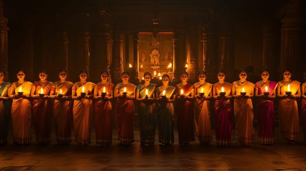 Group of indian women are celebrating diwali in a temple, holding traditional diya oil lamps