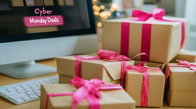 Stack of gift boxes with pink ribbon is sitting on a desk near a computer showing cyber monday deals