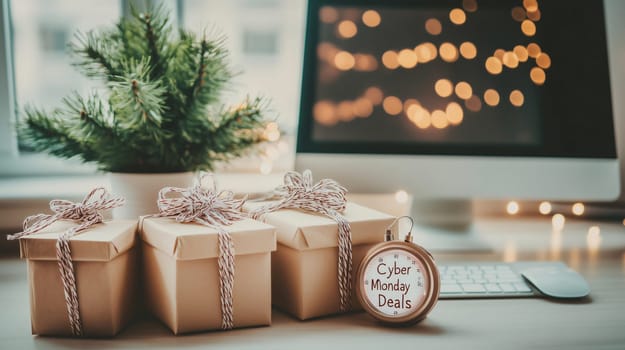 Christmas presents sitting on a desk with a computer in the background showing cyber monday deals