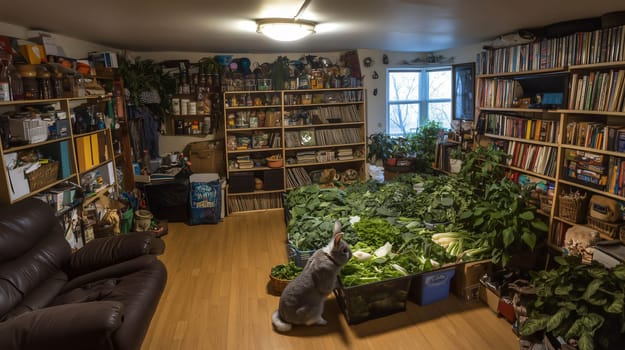 Gray rabbit is enjoying a feast of fresh vegetables in a cluttered apartment living room