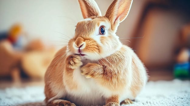 Red bunny grooming on a carpet in a modern interior