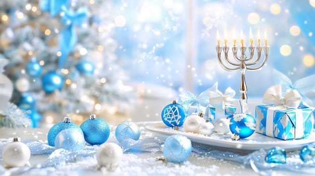Christmas and hanukkah background with a menorah and blue and silver decorations