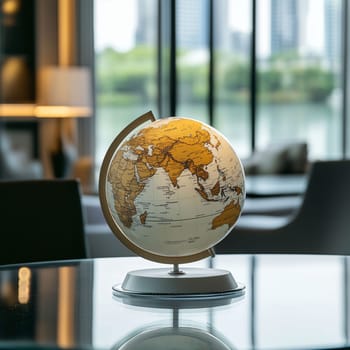 Illuminated globe is sitting on a table, bringing a touch of global awareness to this upscale hotel room