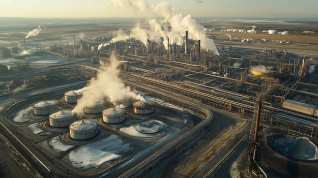 Aerial view of a large oil refinery plant emitting pollution at sunset