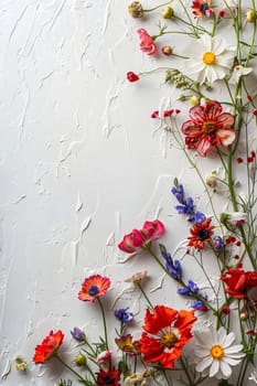 Vibrant wildflowers spread across a textured white surface, creating a natural charm.