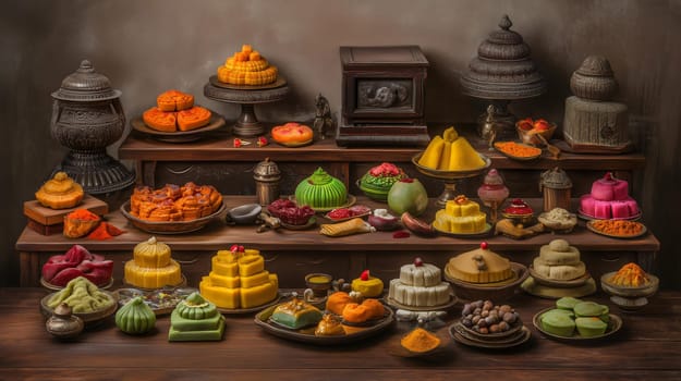 Display of colorful traditional indian sweets arranged on a wooden table with antique bronze containers