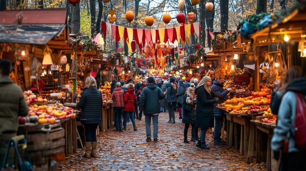 Tourists exploring illuminated fair with wooden stalls full of pumpkins, enjoying autumn evening at the market