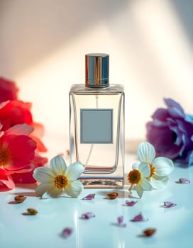 Elegant glass perfume bottle with blank label, ideal for showcasing a brand's unique fragrance