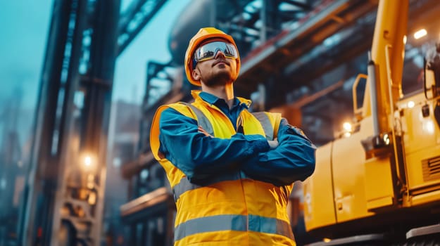 Construction worker wearing a hard hat and reflective vest with arms crossed standing in front of heavy machinery at an industrial site