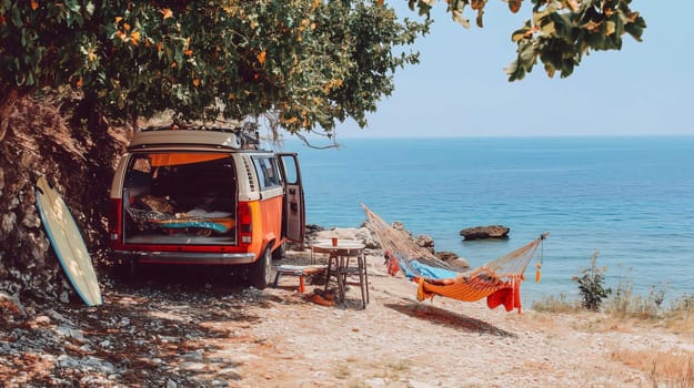 Idyllic scene of a camper van parked by the sea, offering a peaceful and scenic getaway