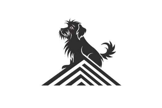 Stylized dog silhouette sitting on geometric mountain peak illustration.