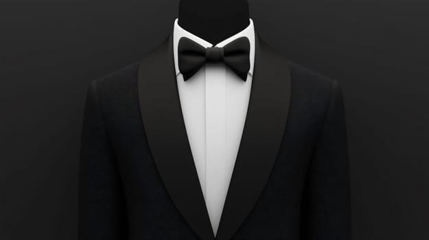 Black suit with bow tie is laying against a dark background representing a formal event