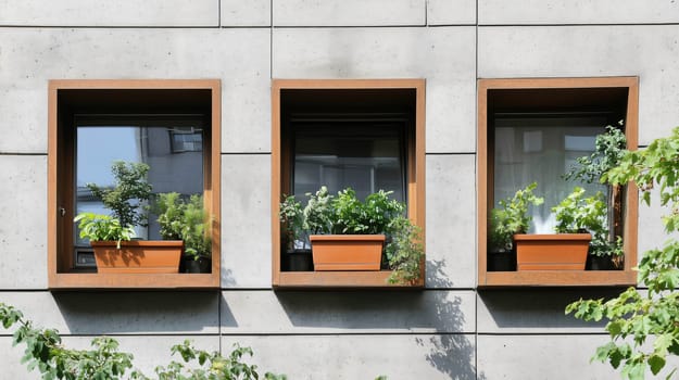 Modern building facade featuring vertical garden design elements