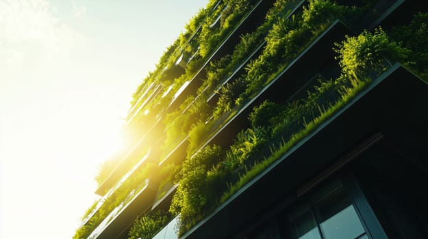 Sunlight shining on a modern green building with plants growing on the balconies
