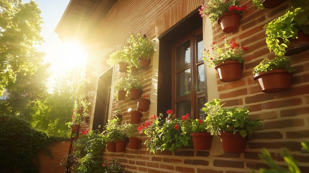 Sun shining over lush green plants and colorful flowers growing in pots decorating a brick wall