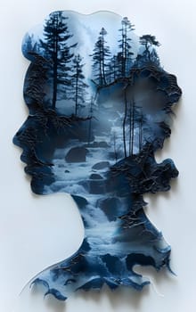 A stunning painting featuring a womans head surrounded by trees and a river in the background. The electric blue liquid of the water contrasts beautifully with the green plants and rocks