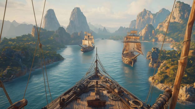 Fleet of ships is sailing on calm water near tropical islands on a sunny day