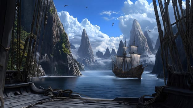 Galleon sailing away from a secret island in the caribbean sea on a sunny day, 3d render