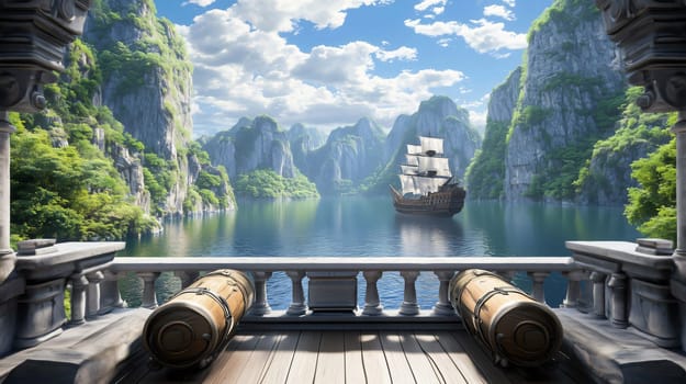 Majestic galleon is sailing on a lake surrounded by cliffs, seen from a terrace with cannons