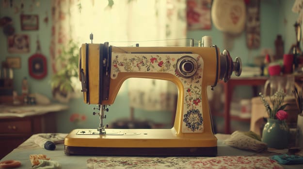 Yellow vintage sewing machine with floral decoration sitting on a wooden table in a brightly lit workshop