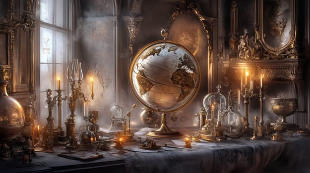 Ornate room with candles lit and an antique globe sitting on a table surrounded by vintage objects