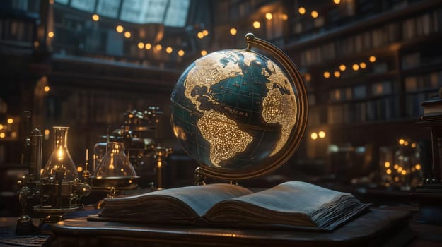 Steampunk style globe illuminating an antique library study with an open book and scientific equipment