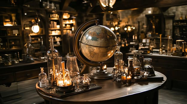 Vintage globe surrounded by glassware and lit candles, creating warm and inviting atmosphere in apothecary