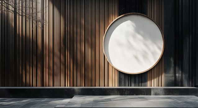 Empty white circle banner hanging on a modern wooden slat wall with shadows for product or brand presentation