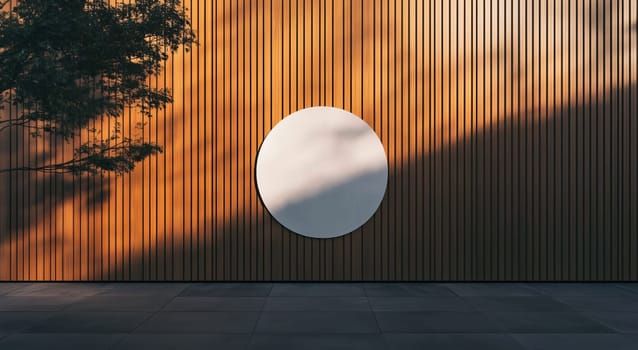 White circle sign is attached to a modern wooden wall facade with a tree shadow