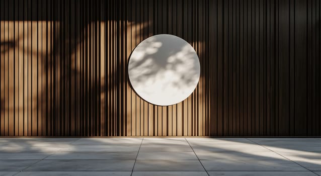 Blank white circle sign with space for text is hanging on a wooden slat wall with sunlight casting shadows