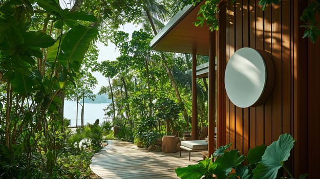 Modern wooden bungalow with a sea view is surrounded by lush tropical plants