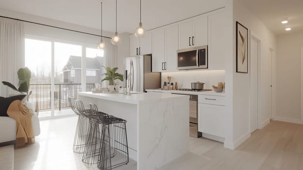 Modern white kitchen featuring a marble island, stainless steel appliances, and large windows with natural light