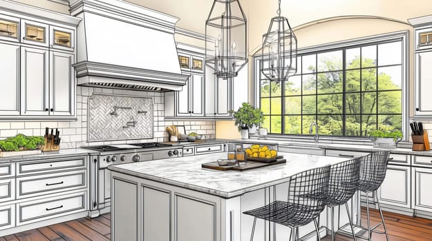 Kitchen design is being drawn over a photograph, showing white cabinets, marble countertops, and hardwood floors