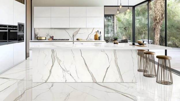 Modern white kitchen featuring a marble island and countertops with a large window view of a green garden
