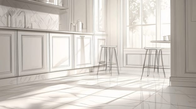 Sunlight illuminating a classic white marble kitchen design drawing