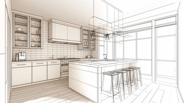 Architect is showing a modern kitchen design with an island, cabinets, and stools