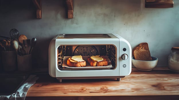 Two slices of bread with butter are toasting in a white toaster oven on a wooden countertop
